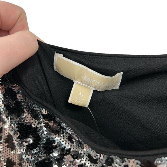 NWT MICHAEL Michael Kors Silver Sequined Cheetah One-Shoulder Mini Dress Medium - Picture 3 of 8